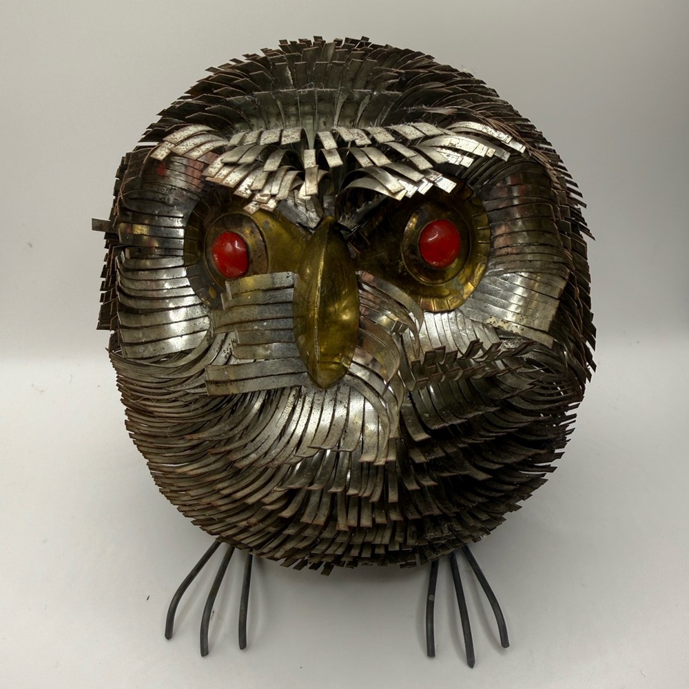 Vintage Sergio Bustamante Metallic Owl Sculpture with Red Eyes